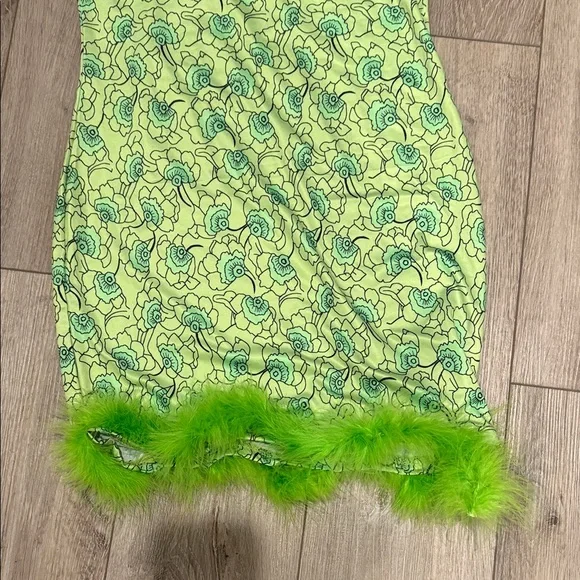 Green and Blue Patterned Dress with Feather Trim - Picture 2 of 4